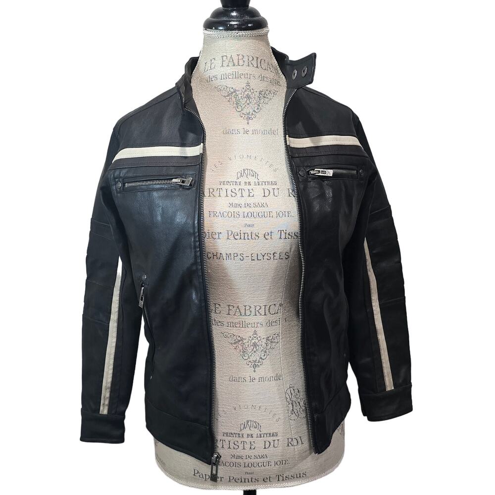 Point Zero Faux Leather Striped Moto Motorcycle Zip Up Pockets Jacket Women's S